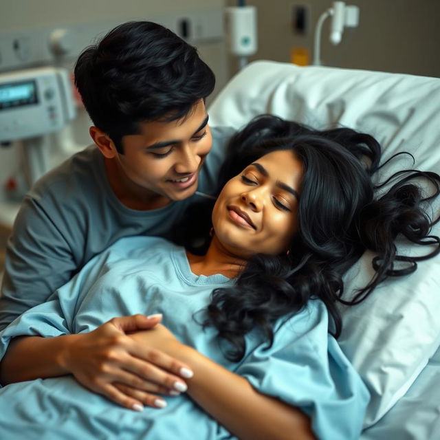 A Mexican woman peacefully lying in a hospital bed, wearing a light blue hospital gown with her long wavy black hair spread around her