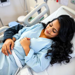 A Mexican woman peacefully lying in a hospital bed, wearing a light blue hospital gown with her long wavy black hair spread around her