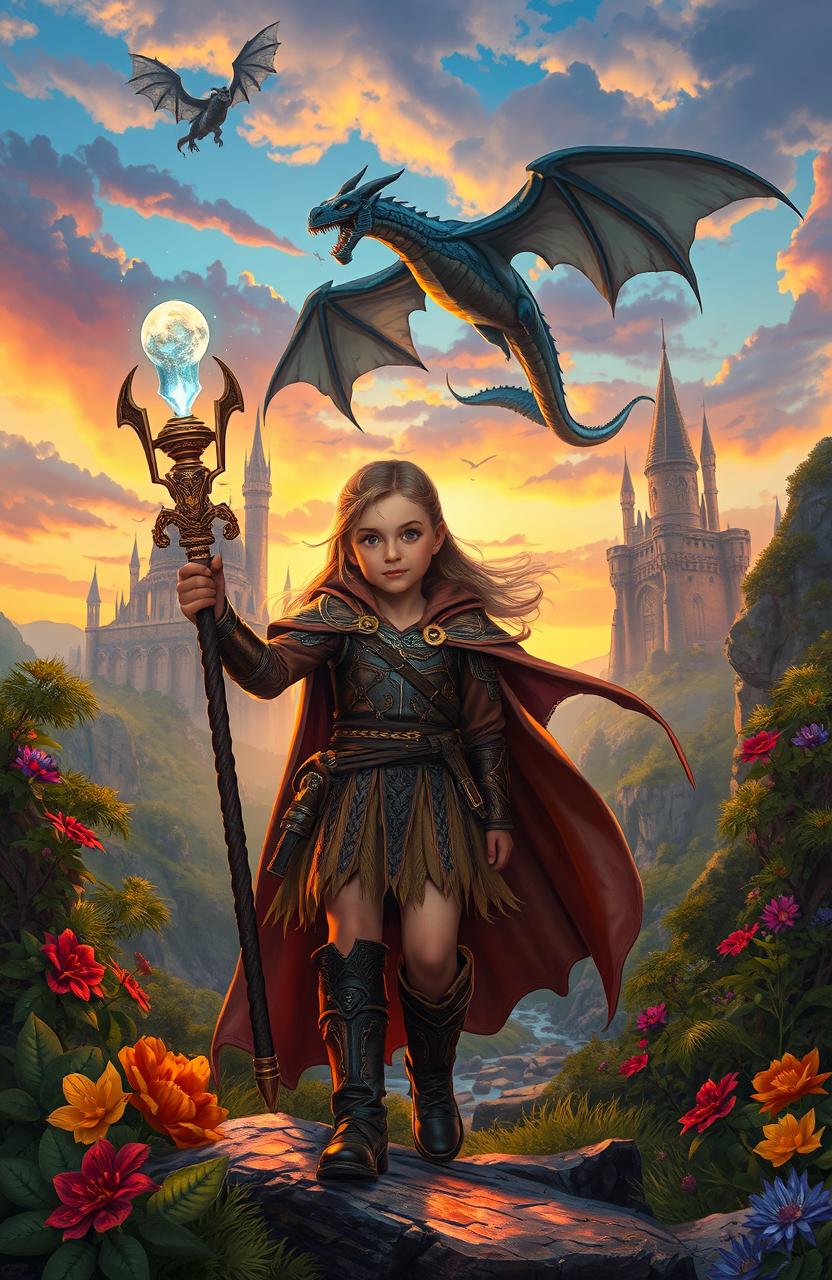 An adventurous scene depicting a young girl in a fantasy world reminiscent of Dungeons & Dragons, filled with lush landscapes, towering castles, and mythical creatures