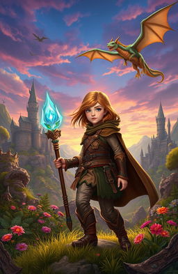 An adventurous scene depicting a young girl in a fantasy world reminiscent of Dungeons & Dragons, filled with lush landscapes, towering castles, and mythical creatures