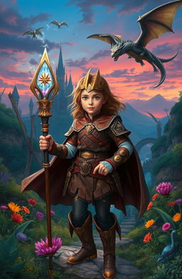 An adventurous scene depicting a young girl in a fantasy world reminiscent of Dungeons & Dragons, filled with lush landscapes, towering castles, and mythical creatures