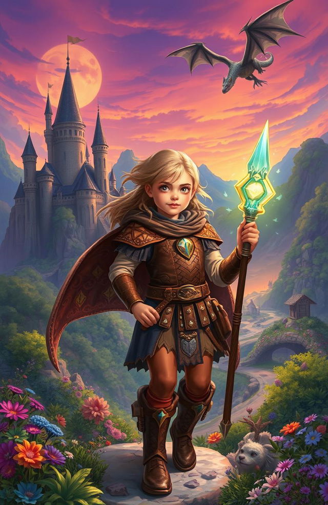 An adventurous scene depicting a young girl in a fantasy world reminiscent of Dungeons & Dragons, filled with lush landscapes, towering castles, and mythical creatures