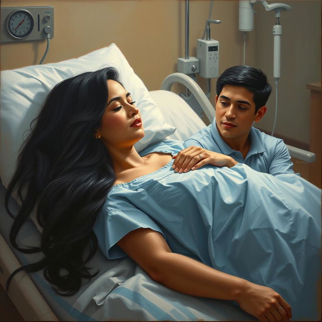 An oil painting depicting a Mexican woman lying in a hospital bed, adorned in a light blue hospital gown