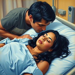 An oil painting showcasing a Mexican woman lying in a hospital bed, wearing a light blue hospital gown