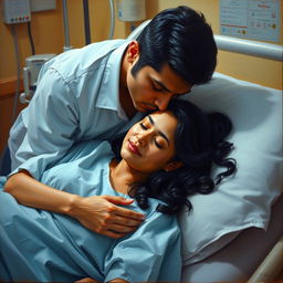 An oil painting showcasing a Mexican woman lying in a hospital bed, wearing a light blue hospital gown