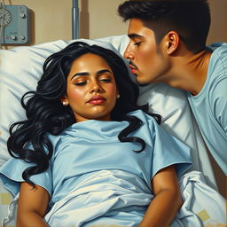 An oil painting showcasing a Mexican woman lying in a hospital bed, wearing a light blue hospital gown
