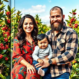A captivating book cover featuring a couple with their one-year-old child on a coffee farm