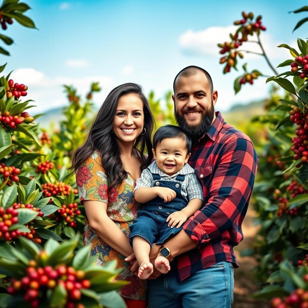 A captivating book cover featuring a couple with their one-year-old child on a coffee farm