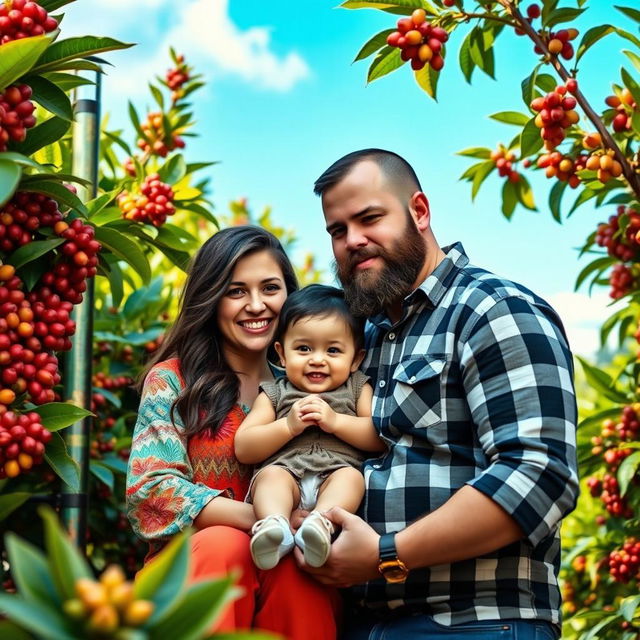 A captivating book cover featuring a couple with their one-year-old child on a coffee farm