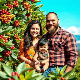 A captivating book cover featuring a couple with their one-year-old child on a coffee farm