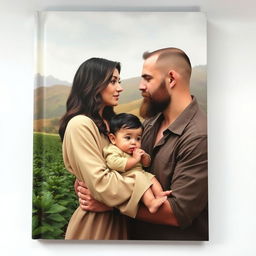 A book cover depicting a couple with their one-year-old child on a coffee farm, with an emphasis on their connection rather than their faces