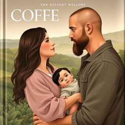 A book cover depicting a couple with their one-year-old child on a coffee farm, with an emphasis on their connection rather than their faces