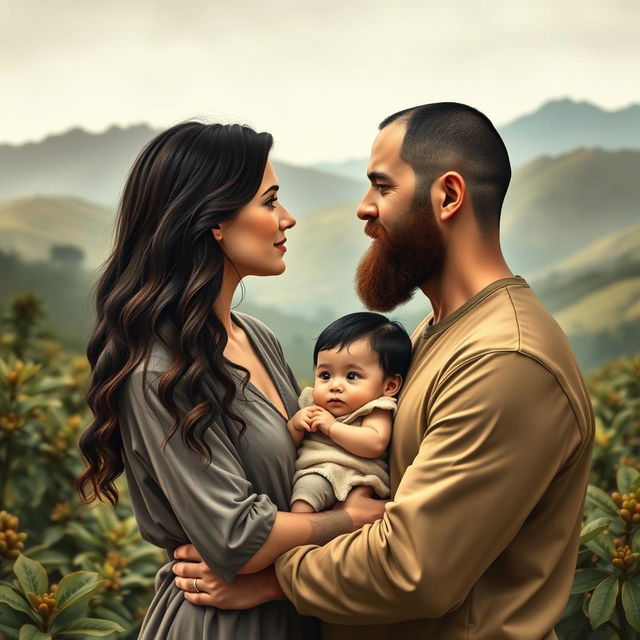 A book cover depicting a couple with their one-year-old child on a coffee farm, with an emphasis on their connection rather than their faces