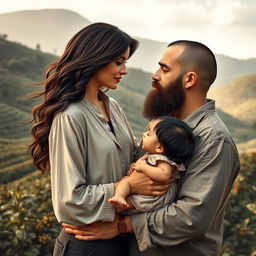 A book cover depicting a couple with their one-year-old child on a coffee farm, with an emphasis on their connection rather than their faces