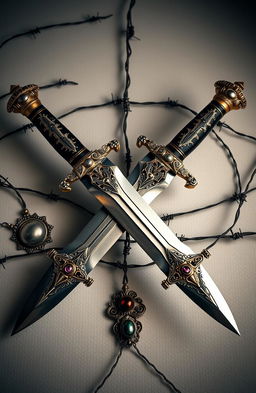 A striking image featuring two ornate blades crossed over one another, elegantly displayed with intricate designs on the hilt and a polished surface reflecting light