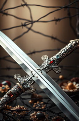 A striking image featuring two ornate blades crossed over one another, elegantly displayed with intricate designs on the hilt and a polished surface reflecting light