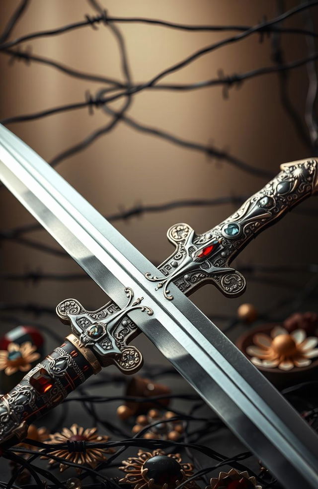 A striking image featuring two ornate blades crossed over one another, elegantly displayed with intricate designs on the hilt and a polished surface reflecting light