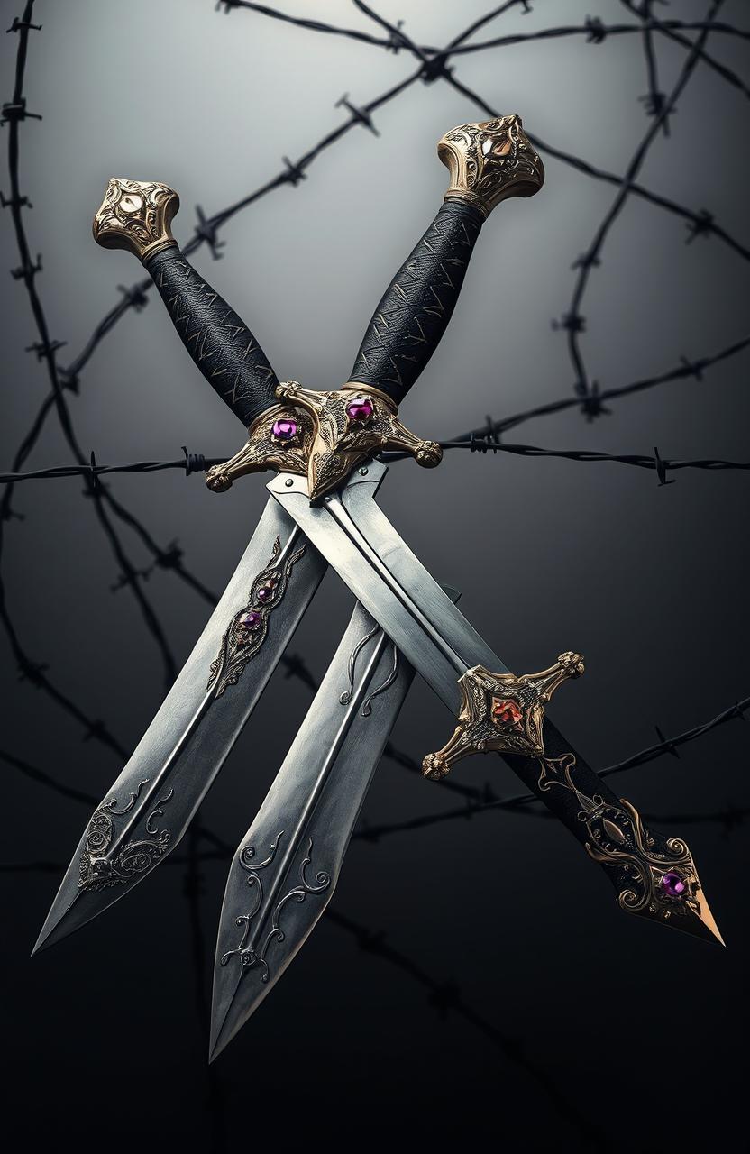 A striking image featuring two ornate blades crossed over one another, elegantly displayed with intricate designs on the hilt and a polished surface reflecting light