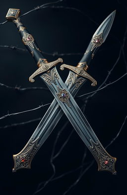 A striking image featuring two ornate blades crossed over one another, elegantly displayed with intricate designs on the hilt and a polished surface reflecting light