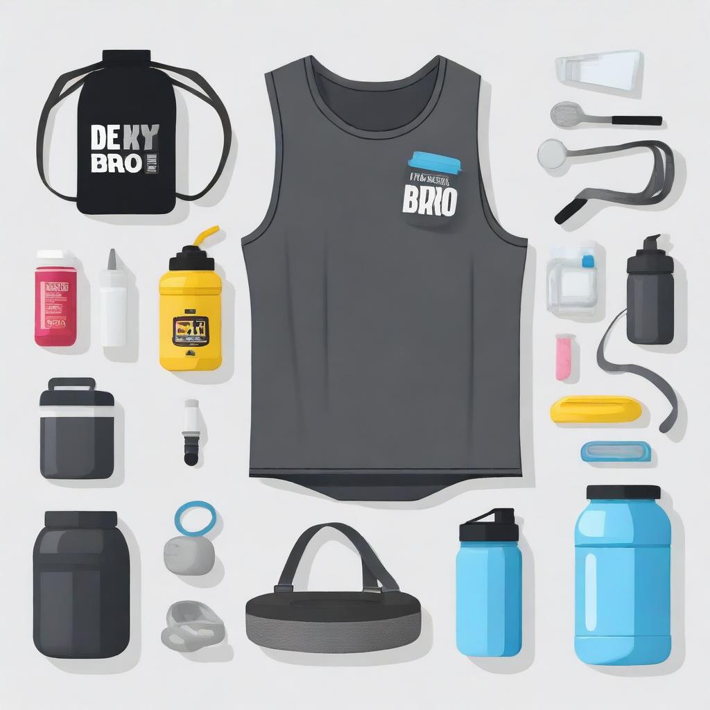 A humorous image representing the 'gym bro starter pack', filled with typical items such as a giant protein shaker, oversized headphones, a lifting belt, a sweat-soaked tank top, and a pre-workout supplement jar