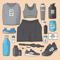 A humorous image representing the 'gym bro starter pack', filled with typical items such as a giant protein shaker, oversized headphones, a lifting belt, a sweat-soaked tank top, and a pre-workout supplement jar