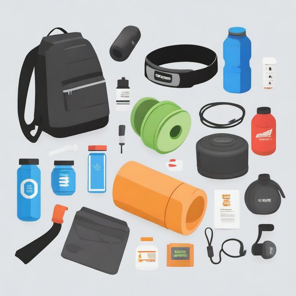 A humorous image representing the 'gym bro starter pack', filled with typical items such as a giant protein shaker, oversized headphones, a lifting belt, a sweat-soaked tank top, and a pre-workout supplement jar