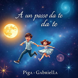 An enchanting book cover illustration for a romantic novel, set against a stunning cosmic background filled with stars and galaxies