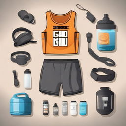 A humorous image representing the 'gym bro starter pack', filled with typical items such as a giant protein shaker, oversized headphones, a lifting belt, a sweat-soaked tank top, and a pre-workout supplement jar