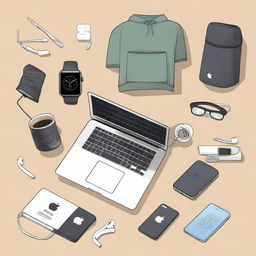 A satirical image representing the 'tech bro starter pack', containing recognizable items like the latest MacBook Pro, airpods, startup logo hoodie, a copy of 'Lean Startup', and a cup of artisan coffee