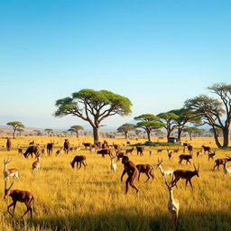 A breathtaking scene set in the African Savannah 6 million years ago, showcasing groups of Australopithecus walking in search of food