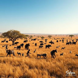 A breathtaking scene set in the African Savannah 6 million years ago, showcasing groups of Australopithecus walking in search of food