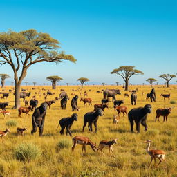 A breathtaking scene set in the African Savannah 6 million years ago, showcasing groups of Australopithecus walking in search of food