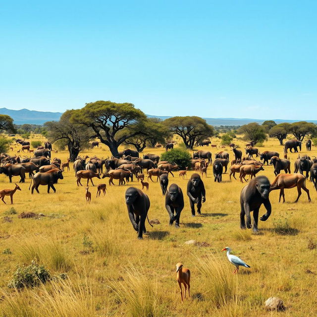 A breathtaking scene set in the African Savannah 6 million years ago, showcasing groups of Australopithecus walking in search of food