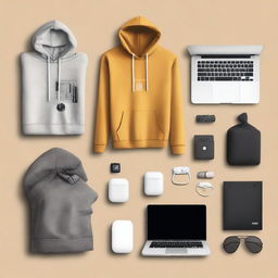 A satirical image representing the 'tech bro starter pack', containing recognizable items like the latest MacBook Pro, airpods, startup logo hoodie, a copy of 'Lean Startup', and a cup of artisan coffee