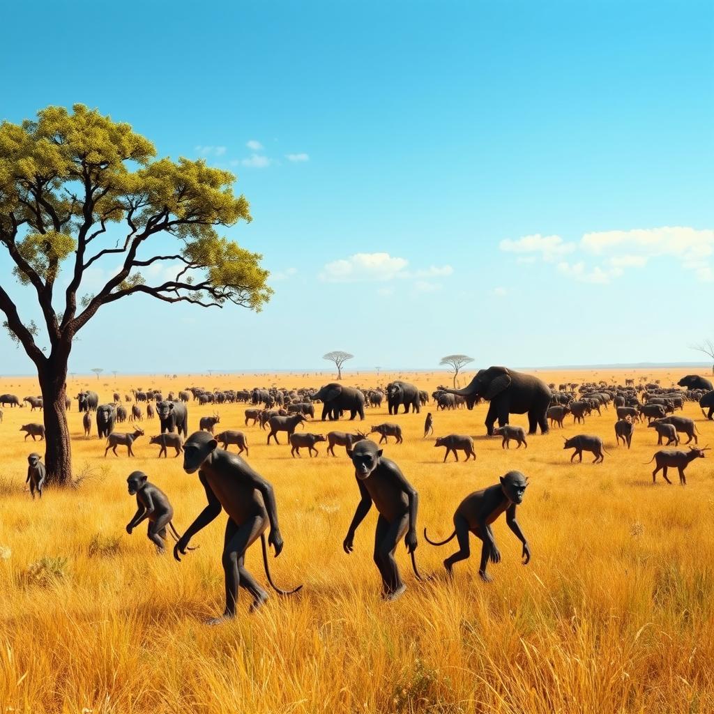 A vivid and realistic depiction of the African Savannah 6 million years ago, showcasing groups of Australopithecus walking in search of food