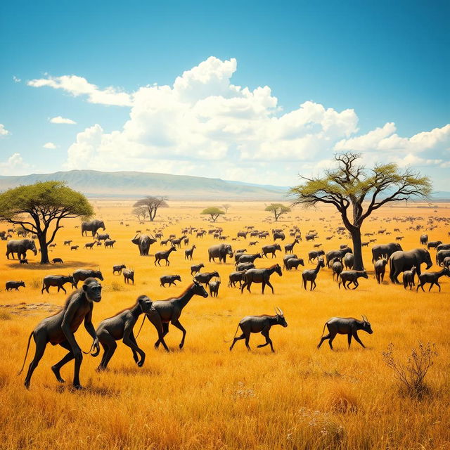 A vivid and realistic depiction of the African Savannah 6 million years ago, showcasing groups of Australopithecus walking in search of food