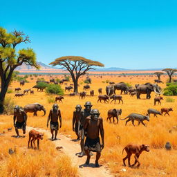 A vivid and realistic depiction of the African Savannah 6 million years ago, showcasing groups of Australopithecus walking in search of food