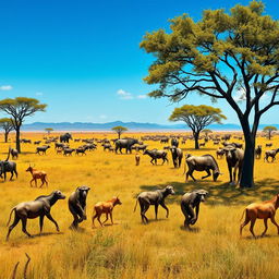 A vivid and realistic depiction of the African Savannah 6 million years ago, showcasing groups of Australopithecus walking in search of food