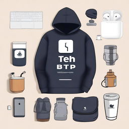 A satirical image representing the 'tech bro starter pack', containing recognizable items like the latest MacBook Pro, airpods, startup logo hoodie, a copy of 'Lean Startup', and a cup of artisan coffee