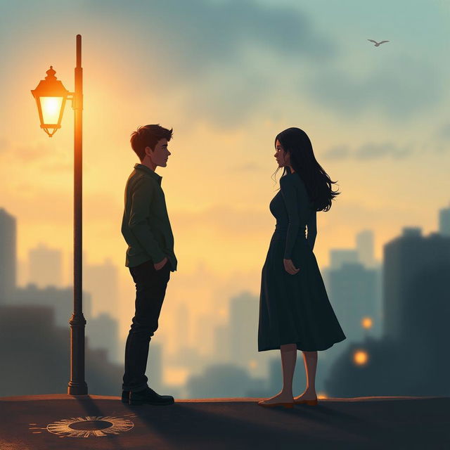 An evocative A4 book cover illustration for an adult romantic novel, showcasing two realistic figures standing at a distance from each other, symbolizing longing and anticipation