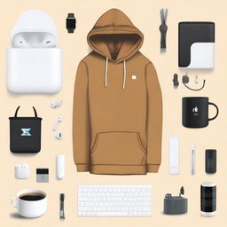 A satirical image representing the 'tech bro starter pack', containing recognizable items like the latest MacBook Pro, airpods, startup logo hoodie, a copy of 'Lean Startup', and a cup of artisan coffee