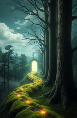 A surreal landscape depicting a metaphorical journey through a dream-like forest, with winding paths leading to mysterious portals and ethereal light