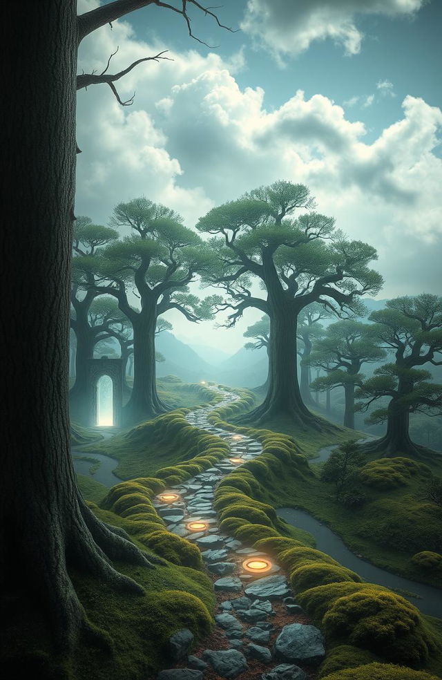 A surreal landscape depicting a metaphorical journey through a dream-like forest, with winding paths leading to mysterious portals and ethereal light