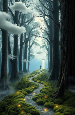 A surreal landscape depicting a metaphorical journey through a dream-like forest, with winding paths leading to mysterious portals and ethereal light