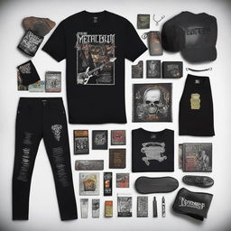 An entertaining image encapsulating the 'metal bro starter pack', complete with band logo t-shirts, black skinny jeans, a studded leather bracelet, electric guitar and a collection of legendary heavy metal album covers