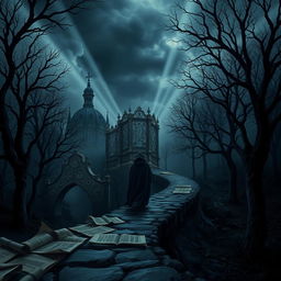 A mystical and dark Renaissance-themed scene illustrating a philosophical journey, characterized by a gothic ambiance