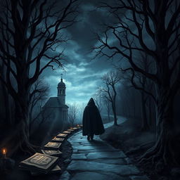 A mystical and dark Renaissance-themed scene illustrating a philosophical journey, characterized by a gothic ambiance