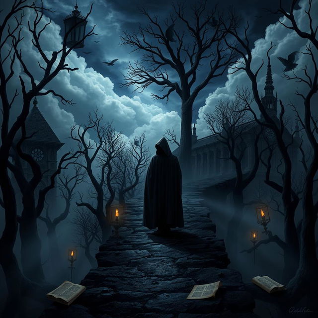 A mystical and dark Renaissance-themed scene illustrating a philosophical journey, characterized by a gothic ambiance