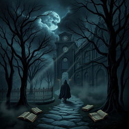 A mystical and dark Renaissance-themed scene illustrating a philosophical journey, characterized by a gothic ambiance