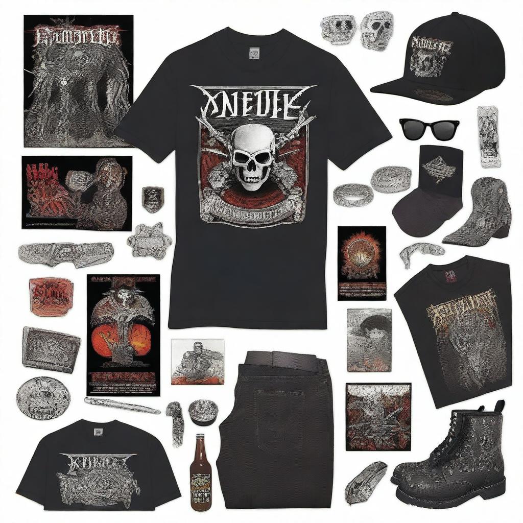 An entertaining image encapsulating the 'metal bro starter pack', complete with band logo t-shirts, black skinny jeans, a studded leather bracelet, electric guitar and a collection of legendary heavy metal album covers